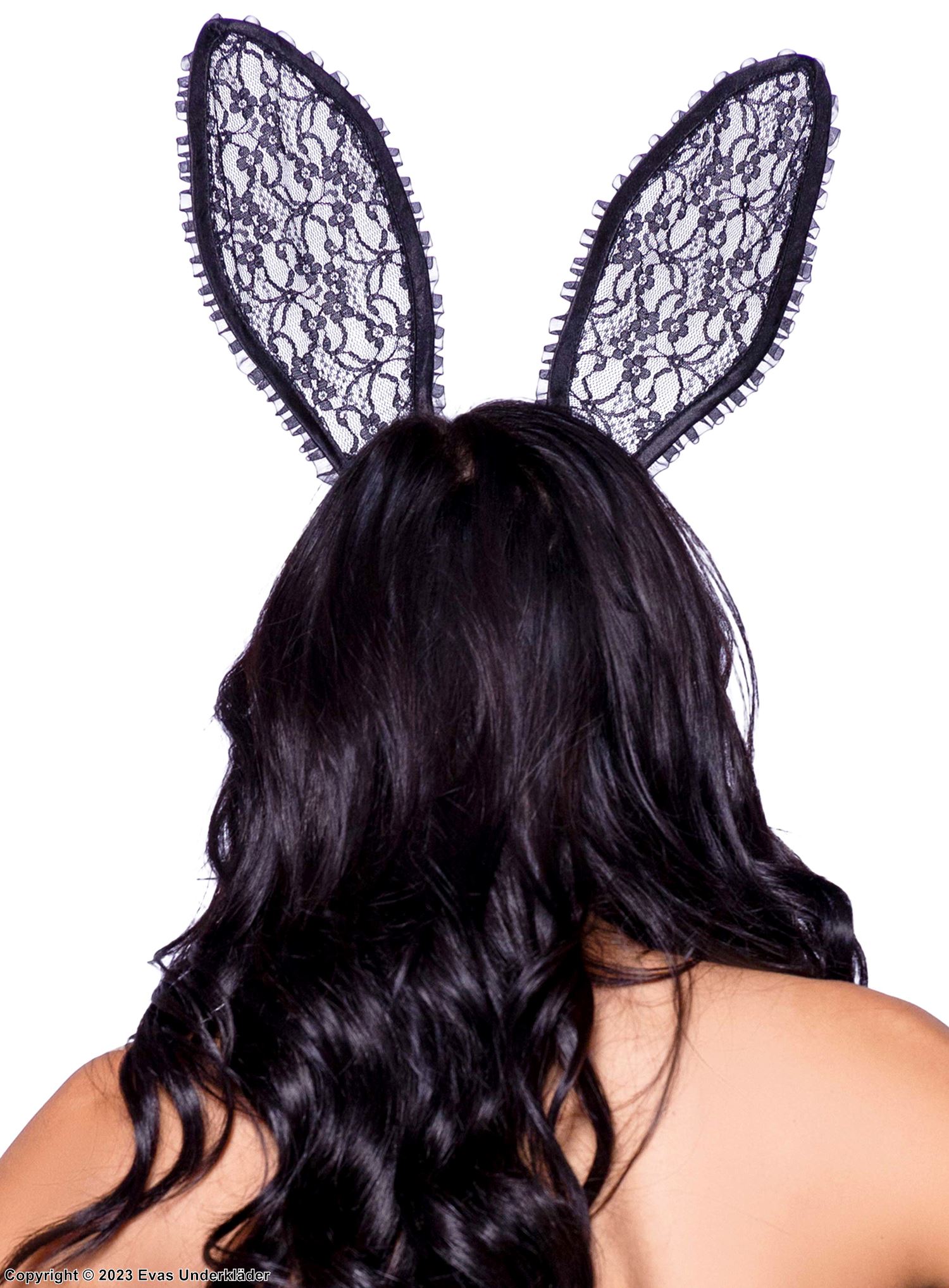 Playboy-kanin, huvudbonad med stora öron och blommig spets